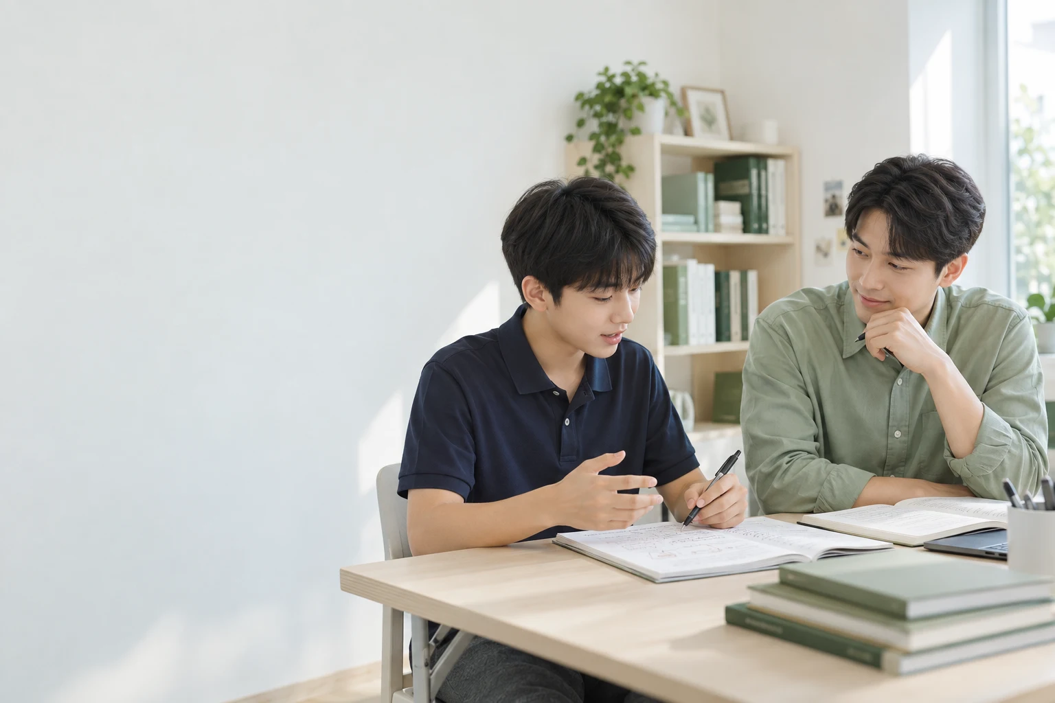 학생의 풀이 설명을 듣는 선생님의 AI 생성 수업 이미지
